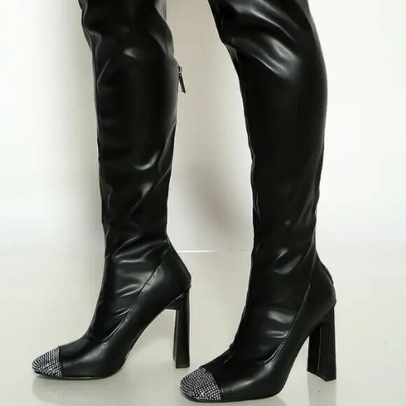 Black Rhinestone Closed Toe Thigh High Heels Boots - Picture 2 of 7